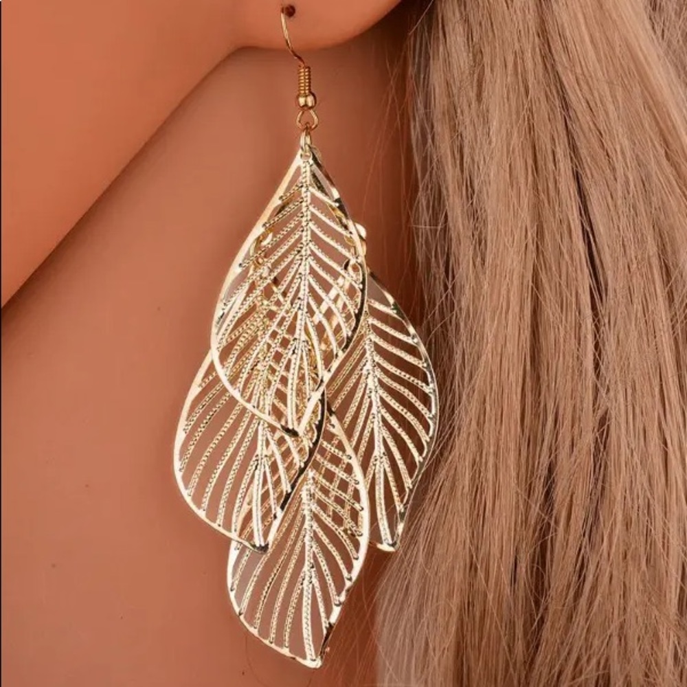 Multi Leaf Pattern Drop Gold Earrings